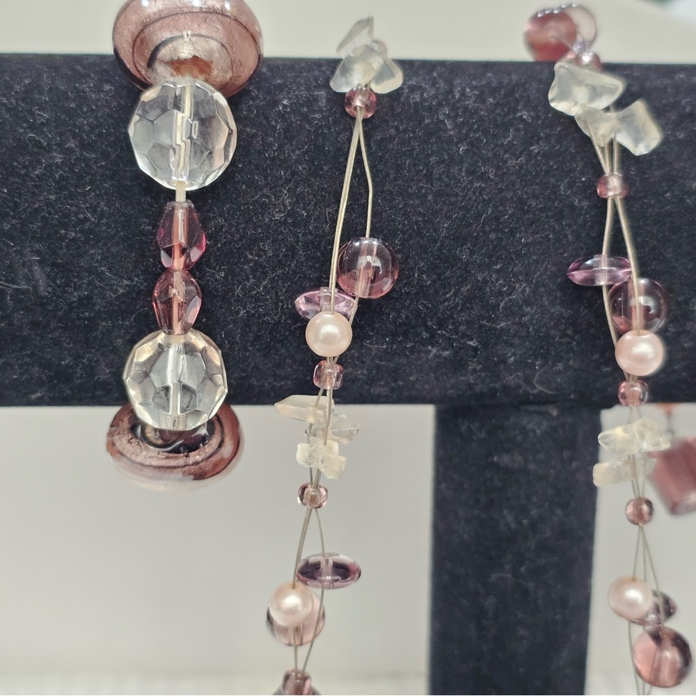 Glass Foil Bead and Pearl Necklace & Bracelets Bundle Set Shimmery Pink & Brown - Picture 6 of 12